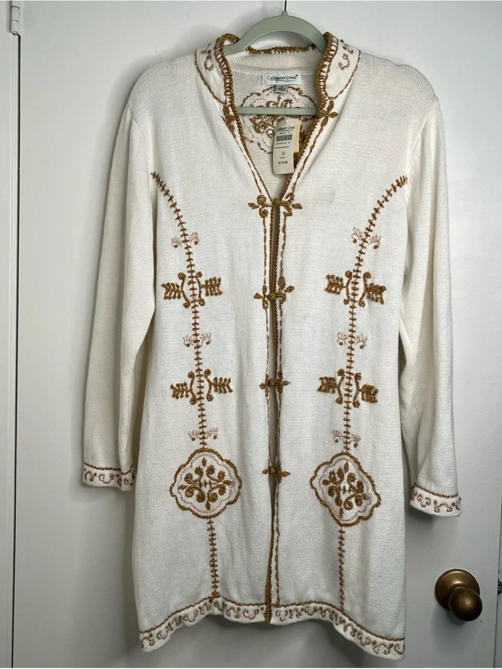 NWT Coldwater Creek Cardigan Embroidered Sz M Cream Gold Boho CottageCore Artsy
